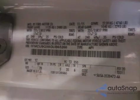 2016 Ford Escape Se z USA, uszkodzony, nr VIN 1FMCU9GX6GUB65266